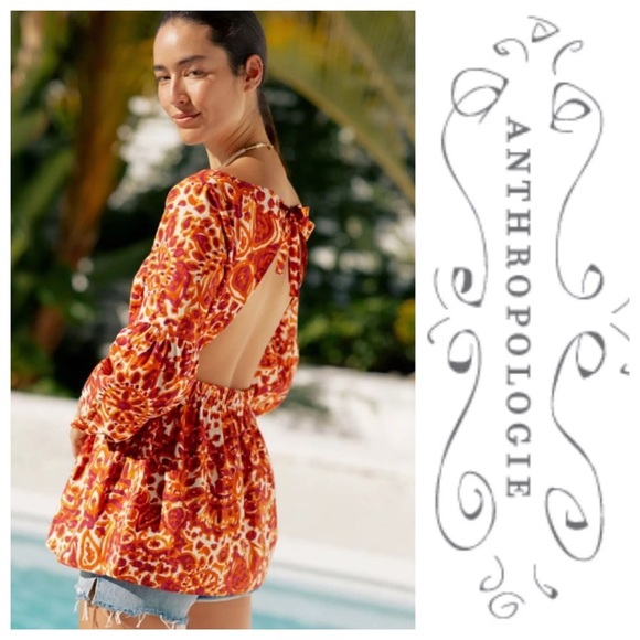 Anthropologie Love the Label floral tie open back shirt top size medium women’s - Picture 3 of 14